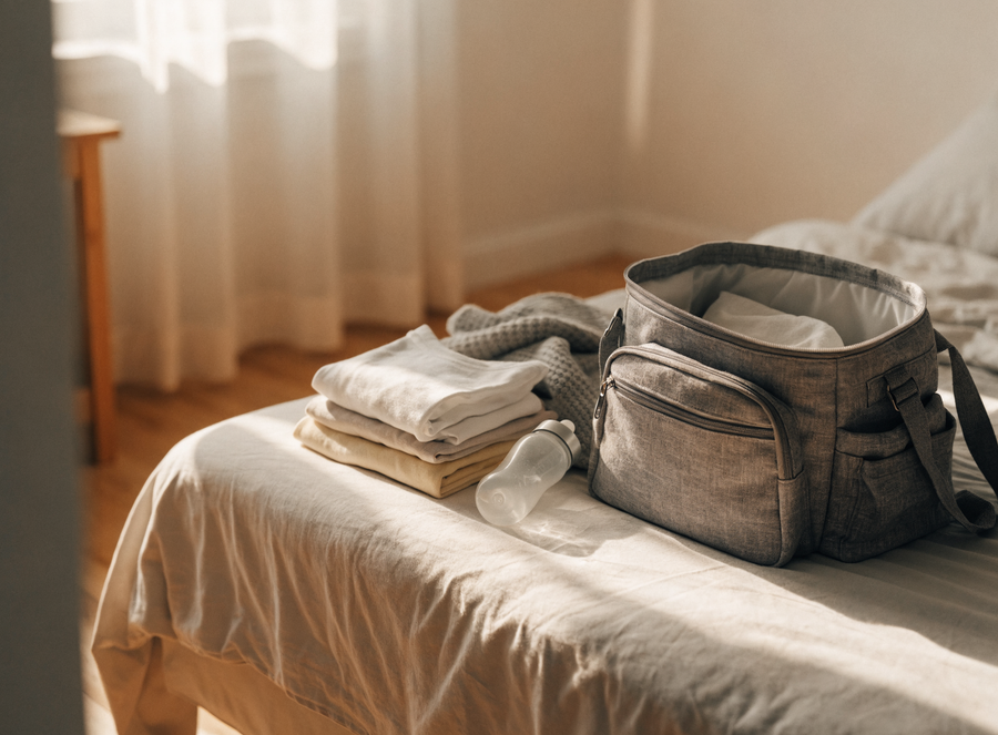 Bolso pañalera gris sobre una cama con ropa de bebé doblada y un tetero