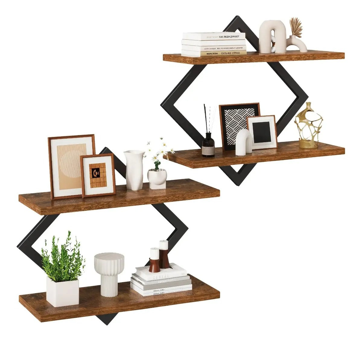 Set de 2 repisas flotantes hexagonales de madera con estructura de metal negro