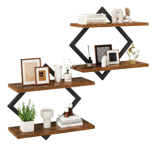 Set de 2 repisas flotantes hexagonales de madera con estructura de metal negro